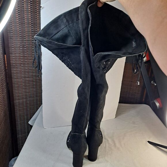 Rose Wand OTK Embroidered Boots Women's 12M Fabric Upper Black Renaissance Boho - Picture 4 of 13